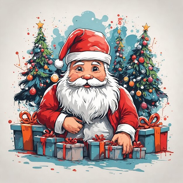 Retrato de cabeza de Papá Noel con cajas de regalo y arte goteando pintura para el diseño de camisetas