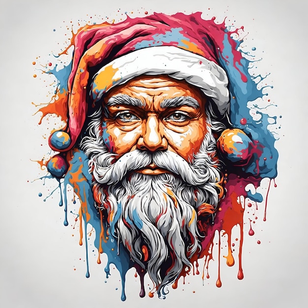 Retrato de cabeza de Papá Noel con pintura colorida goteando arte para el diseño de camisetas