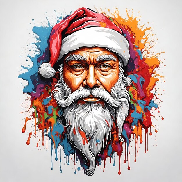Retrato de cabeza de Papá Noel con pintura colorida goteando arte para el diseño de camisetas