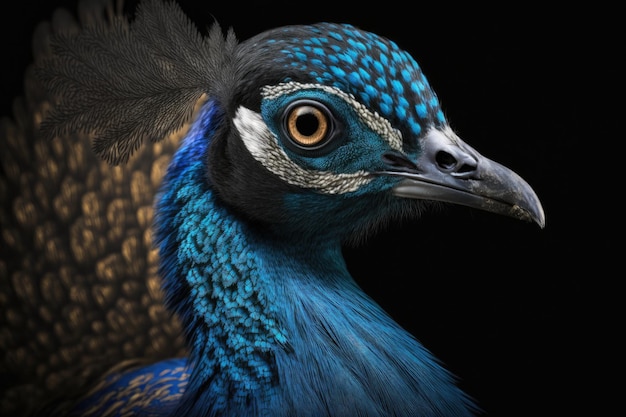 Retrato de una cabeza de pavo real azul sobre un fondo negro