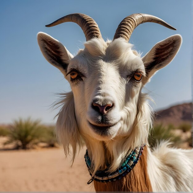 Foto un retrato de cabra blanca con un collar en el cuello