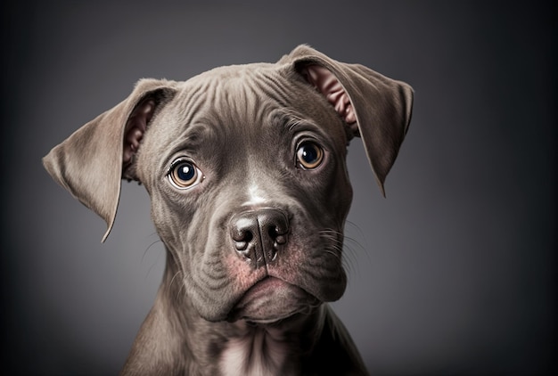 Retrato de cachorro divertido sobre fondo gris con expresión facial enfocada