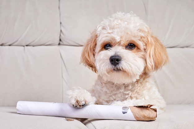 Retrato de un cachorro maltipoo beige con un tubo de cartón en el sofá