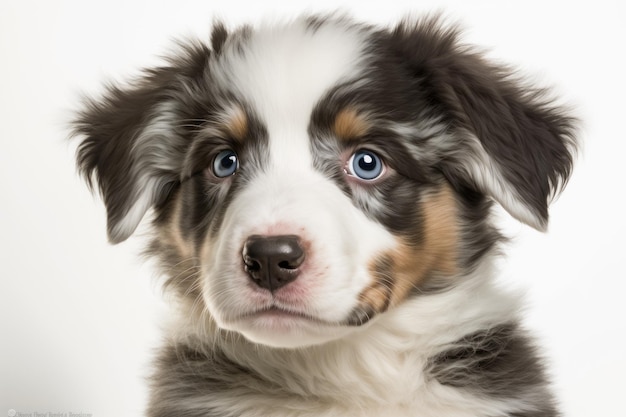Retrato de un cachorro de pastor australiano o australiano divertido y lindo con un fondo blanco