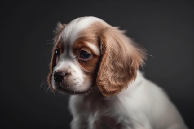 Retrato de cachorro de spaniel americano de lindo perrito esponjoso arreglado o mascota está jugando aislado en el espacio negativo de foto de estudio de fondo gris para insertar su texto o imagen