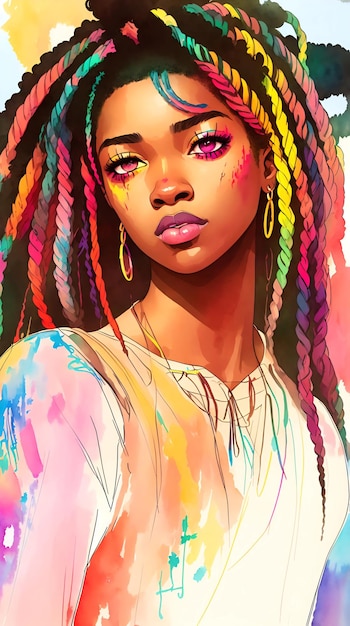 Retrato de una caja de niña afroamericana agradable trenzas cabello coloreado en estilo de pintura digital