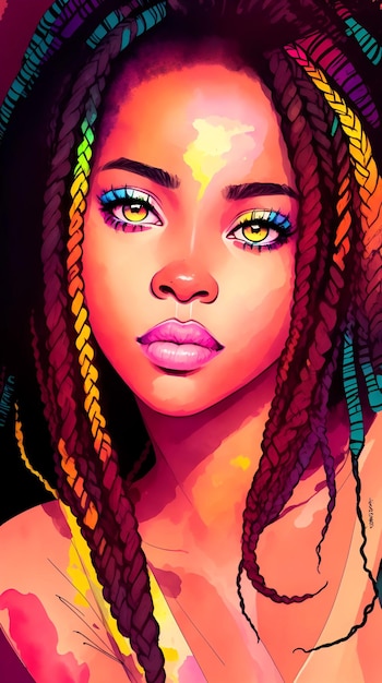 Retrato de una caja de niña afroamericana agradable trenzas cabello coloreado en estilo de pintura digital