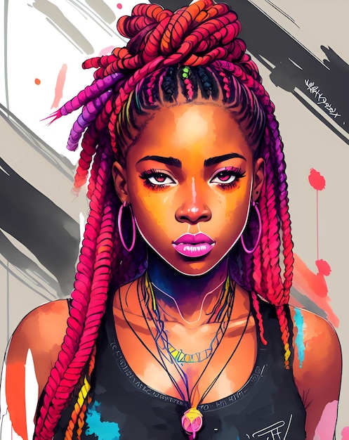 Retrato de una caja de niña afroamericana agradable trenzas cabello coloreado en estilo de pintura digital