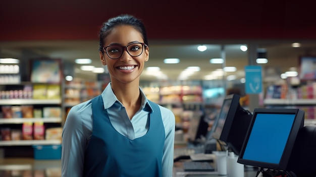 El retrato de una cajera sonriente y alegre en una tienda de comestibles simboliza un servicio amistoso al cliente