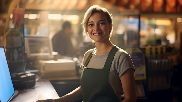 El retrato de una cajera sonriente y alegre en una tienda de comestibles simboliza el servicio amistoso al cliente