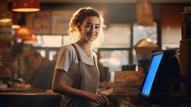 El retrato de una cajera sonriente y alegre en una tienda de comestibles simboliza un servicio amistoso al cliente