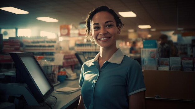 El retrato de una cajera sonriente y alegre en una tienda de comestibles simboliza un servicio amistoso al cliente