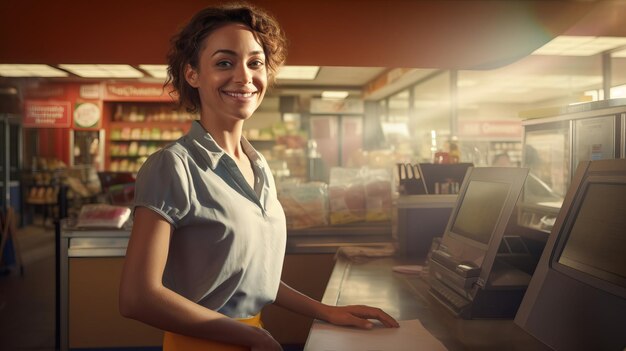 El retrato de una cajera sonriente y alegre en una tienda de comestibles simboliza el servicio amistoso al cliente