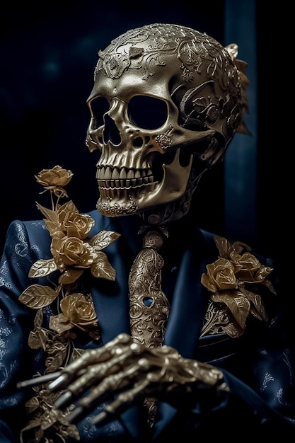 Retrato de calavera dorada con traje y accesorios de flores generado por IA