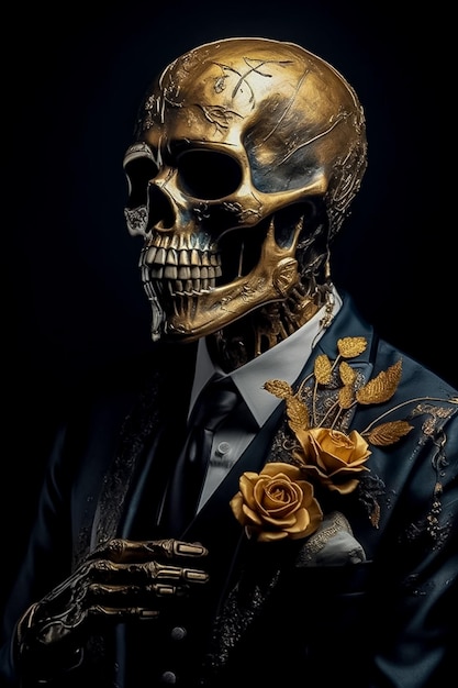 Retrato de calavera dorada con traje y accesorios de flores generado por IA