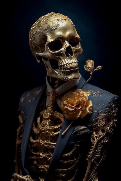 Retrato de calavera dorada con traje y accesorios de flores generado por IA
