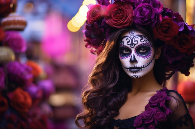 Retrato callejero de una mujer con maquillaje de arte navideño día de los muertos sobre un fondo de flores púrpuras