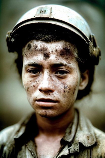 Retrato de una camarera de un joven minero con cara sucia