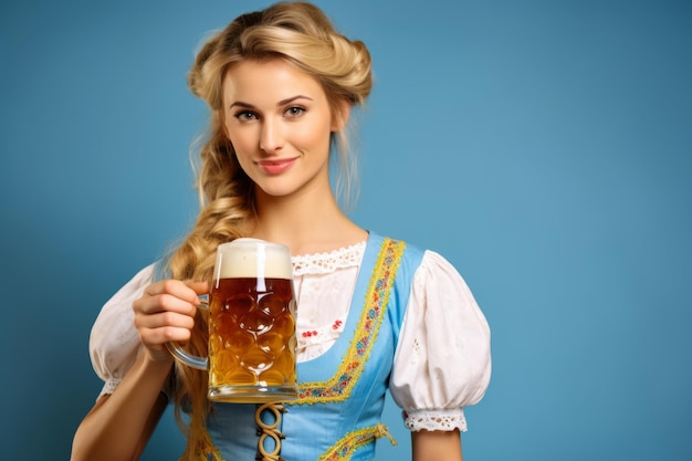 Retrato de una camarera de oktoberfest con un vaso de cerveza con un traje tradicional