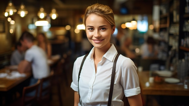 Retrato de una camarera rubia sonriente en un restaurante ocupado
