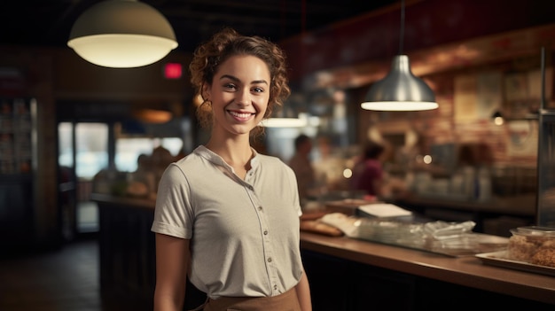 Retrato de una camarera sonriente de pie en un café