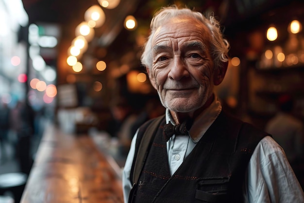 Retrato de un camarero anciano sonriente mirando a la cámara