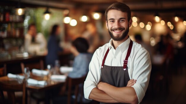 Foto retrato de un camarero feliz de pie en un restaurante