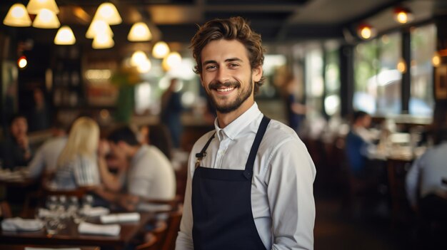 Retrato de un camarero feliz en un restaurante