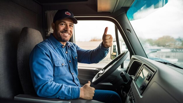 Retrato de un camionero profesional motivado con los pulgares en la cabina del camión