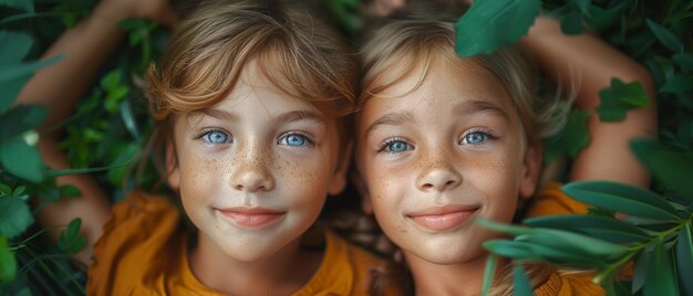 Retrato de campamento de verano de niños alegres tendidos en la hierba