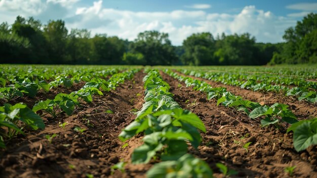 Retrato de un campo de patatas dulces jóvenes a la luz del día por la mañana con un gran espacio para texto o productos IA generativa