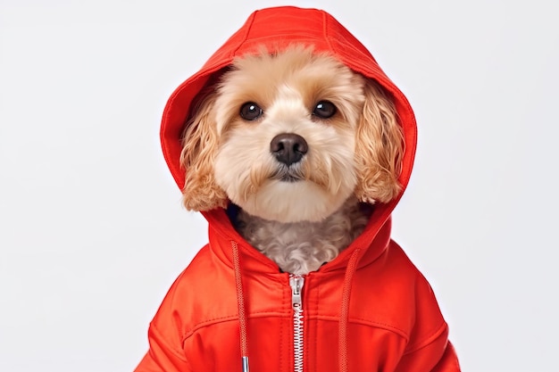 Retrato de un caniche en una chaqueta roja sobre fondo blanco.