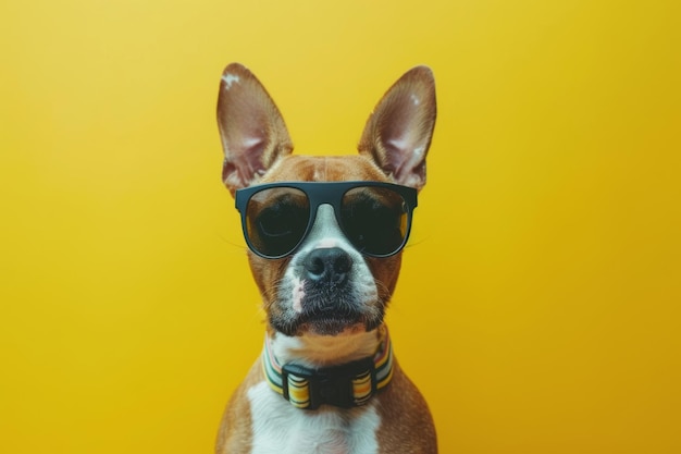 Retrato canino legal de um cão elegante usando óculos de sol em um fundo amarelo vibrante