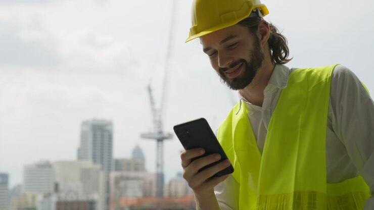 Foto retrato de capataz de ingeniero inteligente con casco de seguridad y chaleco