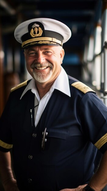 Foto retrato del capitán del barco en uniforme de pie en la cubierta sonriendo cálidamente a la cámara