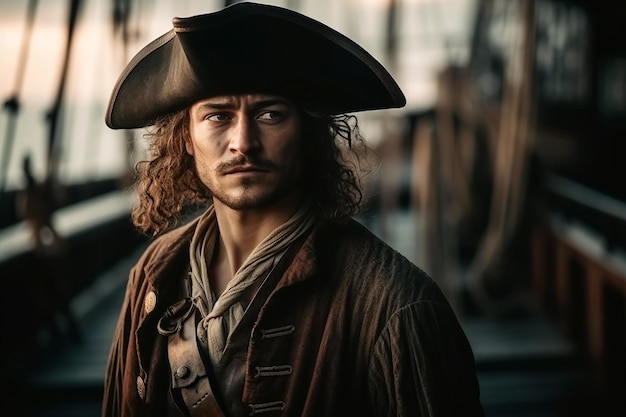 Retrato del capitán del corsario pirata disfrazado y sombrero en un barco medieval en el mar caribe