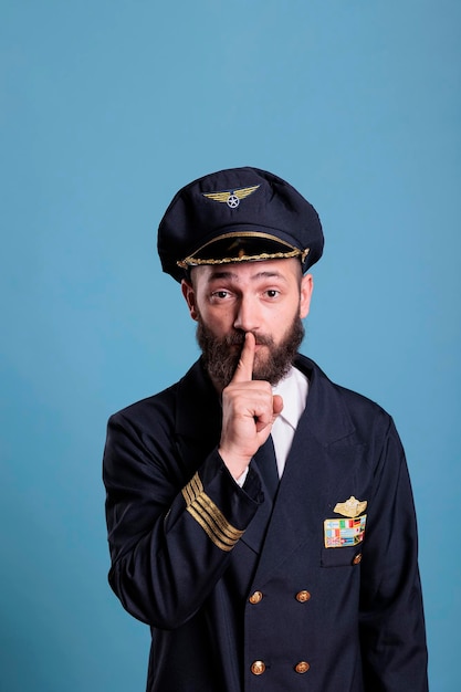 Foto retrato del capitán mostrando un gesto silencioso, mirando a la cámara con el dedo índice en los labios. vista frontal del piloto del avión de la academia de aviación, aviador de la fuerza aérea que mantiene secreto, silencio, señal de silencio