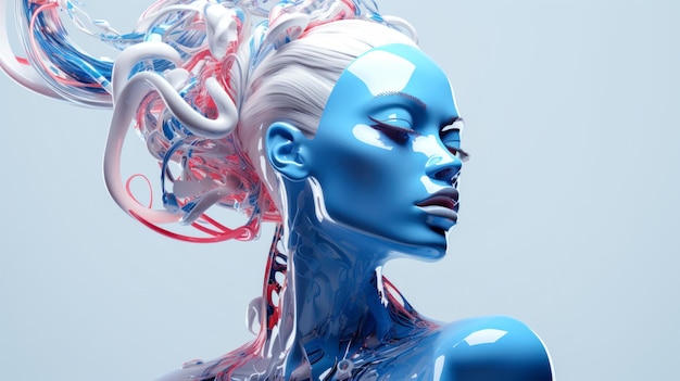 Retrato de cara androide robot femenino en colores blanco y azul Concepto de inteligencia artificial
