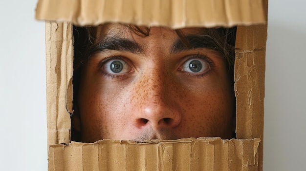 Retrato de una cara de modelo masculino hecha de una caja de cartón en una configuración de estudio de IA generativa