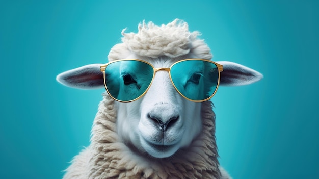 Un retrato de una cara de oveja con gafas de sol. Una cabeza de oveja fotorrealista con fondo.