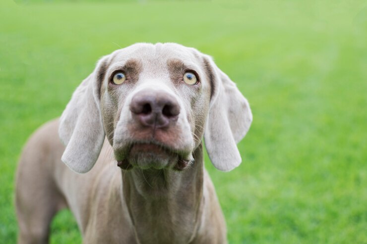 Retrato de la cara de un perro de raza Weimaraner, mirando hacia arriba con sus hermosos y grandes ojos.