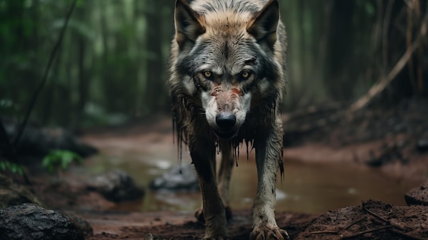 El retrato cargado de emociones de un lobo gris caminando por Tailandia