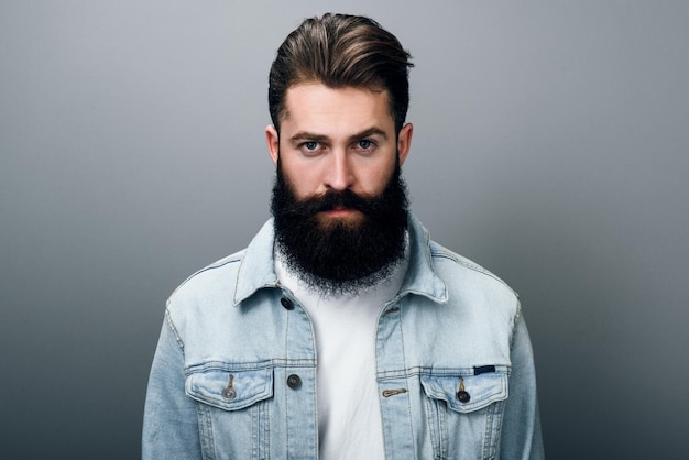 Foto retrato de un carismático joven europeo de moda con barba gruesa que usa una chaqueta de mezclilla de moda mirando a la cámara con una mirada seria y alegre hombre peluquero posando contra la pared gris del estudio