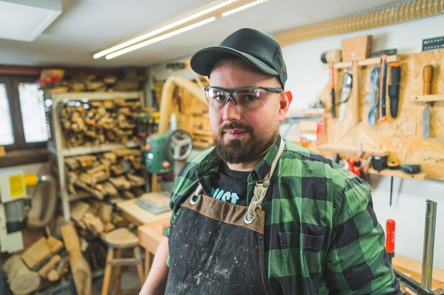 Retrato de un carpintero caucásico con gafas de protección de pie dentro de su taller