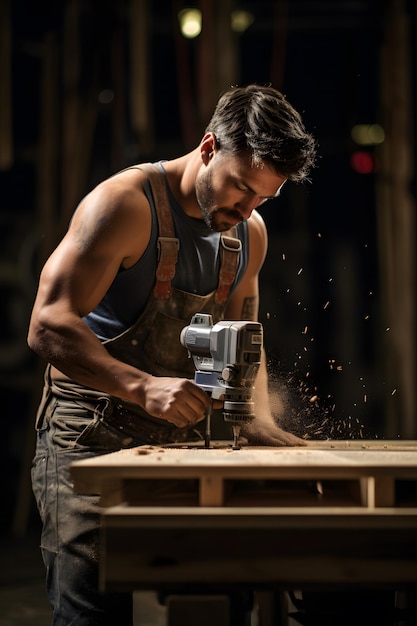 Retrato de un carpintero trabajando con una sierra circular en su taller