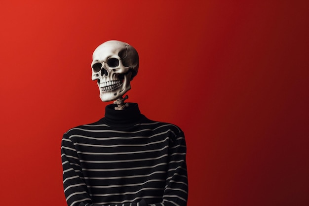 retrato casual de um esqueleto em frente a uma parede vermelha