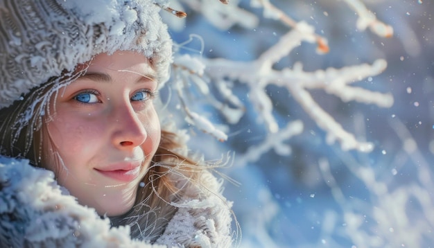 Retrato cativante de uma jovem no meio de uma paisagem serena e nevada que exala calor