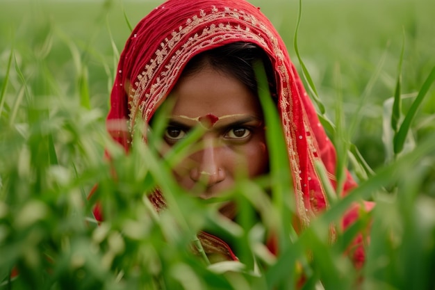 Retrato cativante de uma mulher indiana abraçando tradições agrícolas cuidando de campos exuberantes