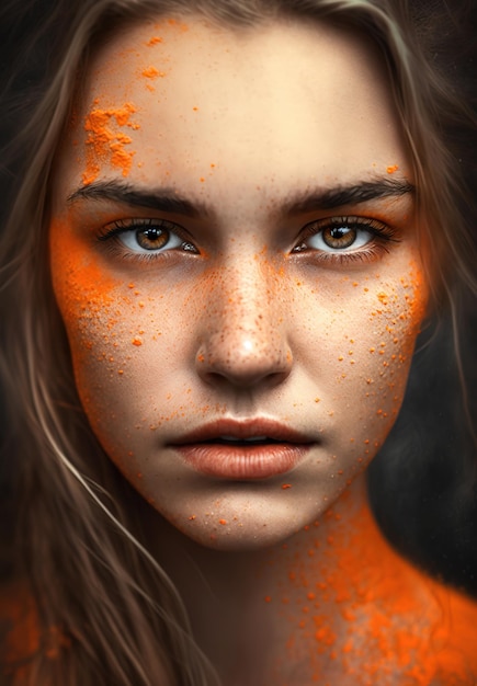 retrato, de, caucásico, modelo, con, artístico, naranja, maquillaje