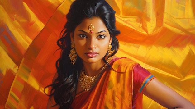 Un retrato cautivador de una joven india que lleva un sari de seda vibrante que irradia elegancia y c